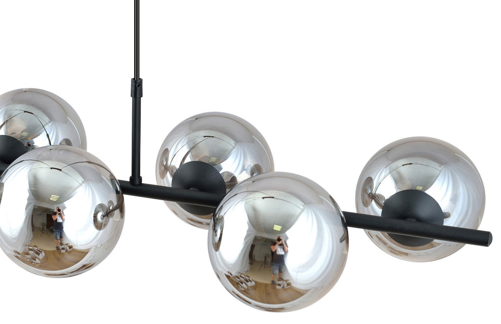 Hanglamp gepoedercoat staal en glas Rory, zwart met grafiet glazen kappen, 115 cm breed, 8 lichtpunten, eettafel