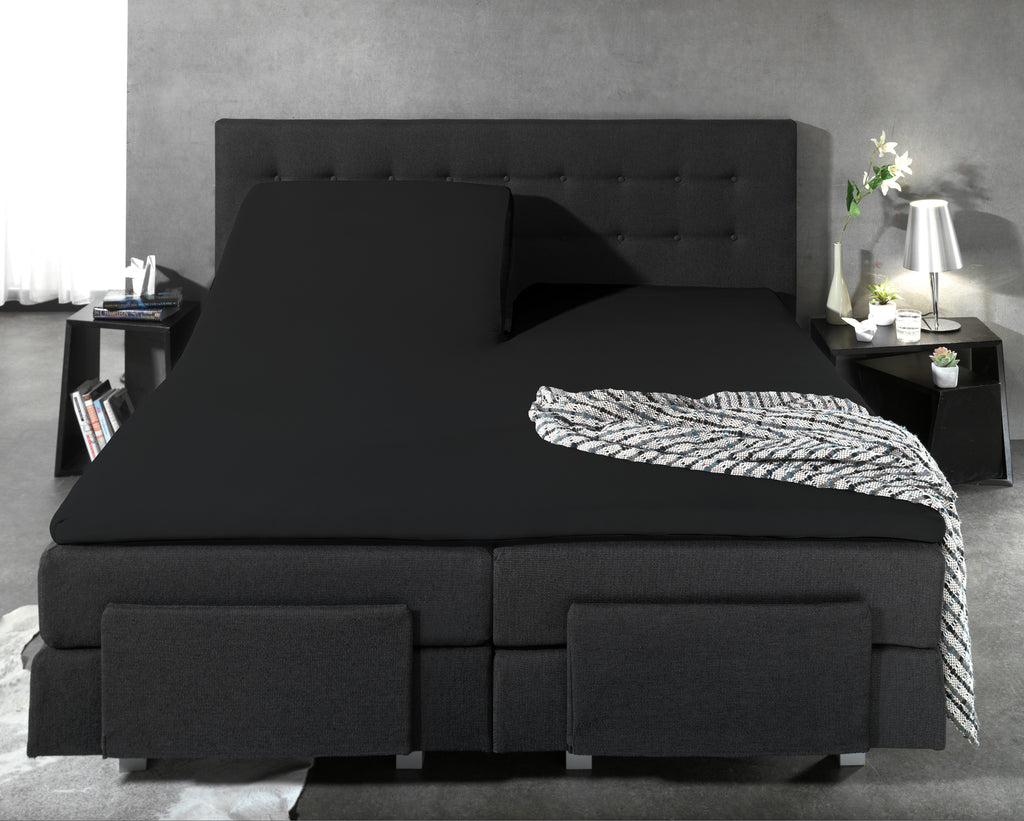 Hoeslaken splittopper katoen percal zwart 180 x 210 cm, split 90 cm, met rondom elastiek voor topmatras