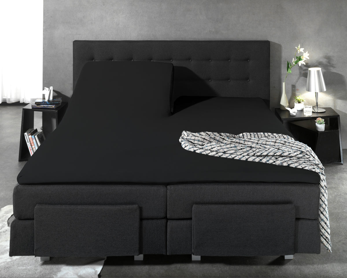 Hoeslaken splittopper katoen percal zwart 180 x 210 cm, split 90 cm, met rondom elastiek voor topmatras