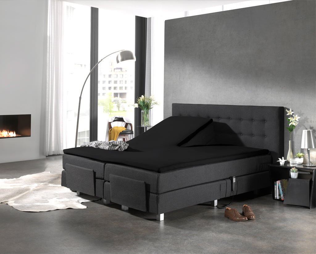 Hoeslaken splittopper katoen percal zwart 180 x 210 cm, split 90 cm, met rondom elastiek voor topmatras
