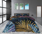 Dekbedovertrek katoensatijn marineblauw 240 x 220 cm, keerbaar met fantasieprint en kussenslopen