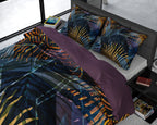 Dekbedovertrek katoensatijn marineblauw 240 x 220 cm, keerbaar met fantasieprint en kussenslopen