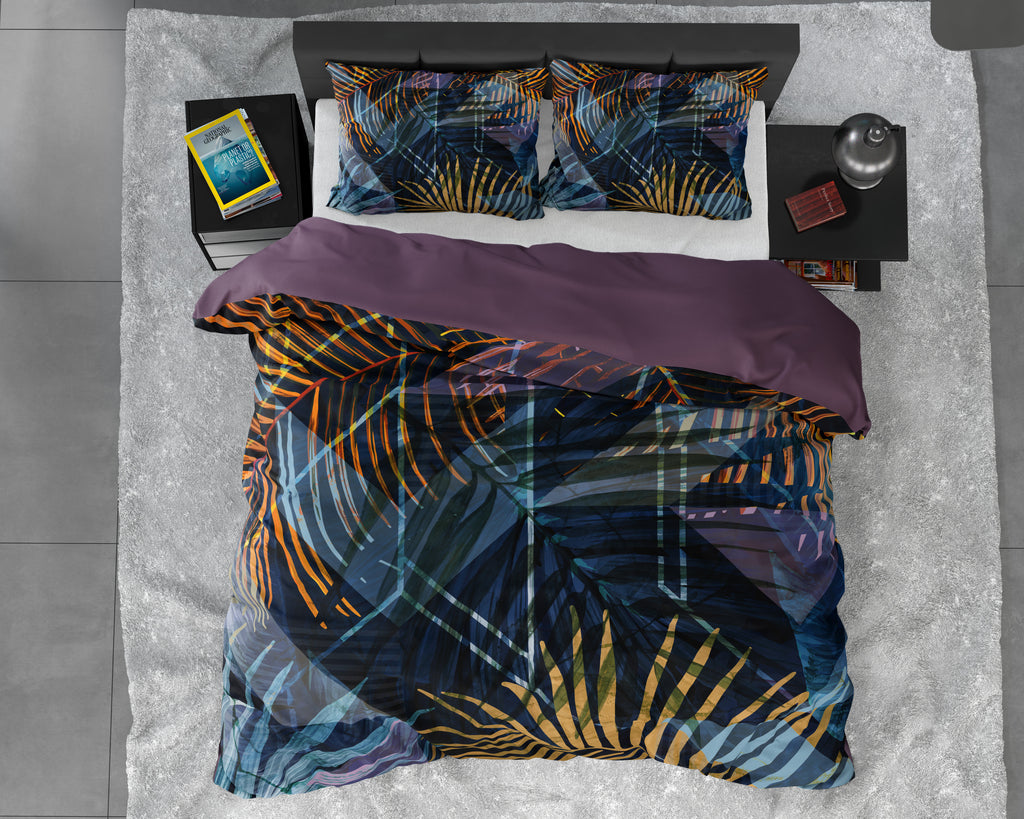Dekbedovertrek katoensatijn marineblauw 240 x 220 cm, keerbaar met fantasieprint en kussenslopen