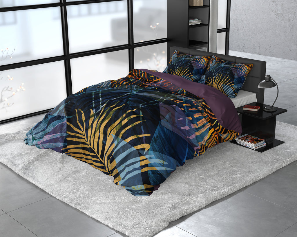 Dekbedovertrek katoensatijn marineblauw 240 x 220 cm, keerbaar met fantasieprint en kussenslopen