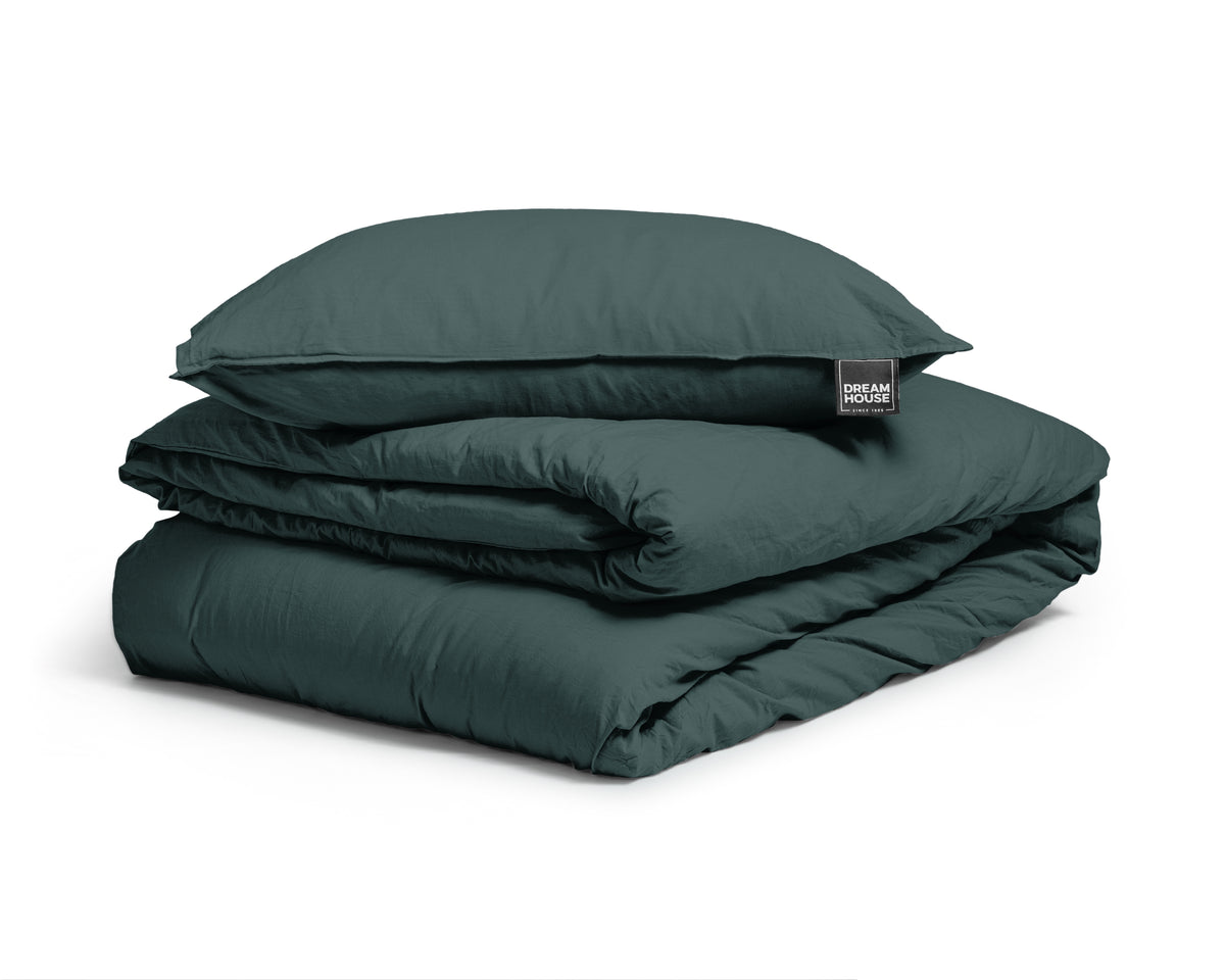 Dekbedovertrek katoen stonewashed donkergroen 140 x 220 cm, met kussenslopen 60 x 70 cm
