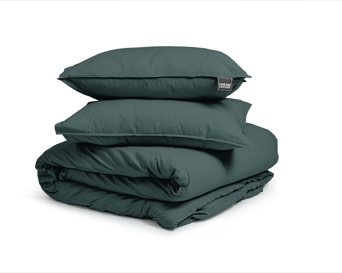 Dekbedovertrek katoen stonewashed donkergroen 140 x 220 cm, met kussenslopen 60 x 70 cm