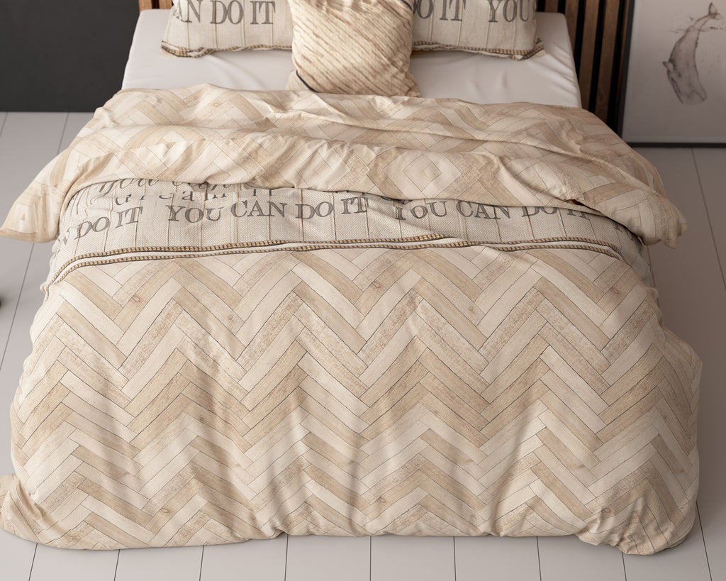 Dekbedovertrek visgraat katoen-polyester zand 200 x 220 cm, met kussenslopen 60 x 70 cm