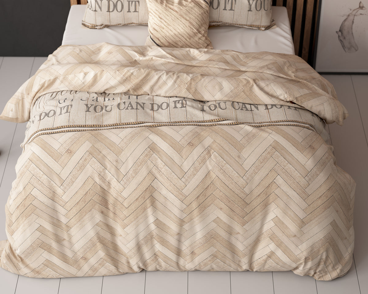 Dekbedovertrek visgraat katoen-polyester zand 200 x 220 cm, met kussenslopen 60 x 70 cm