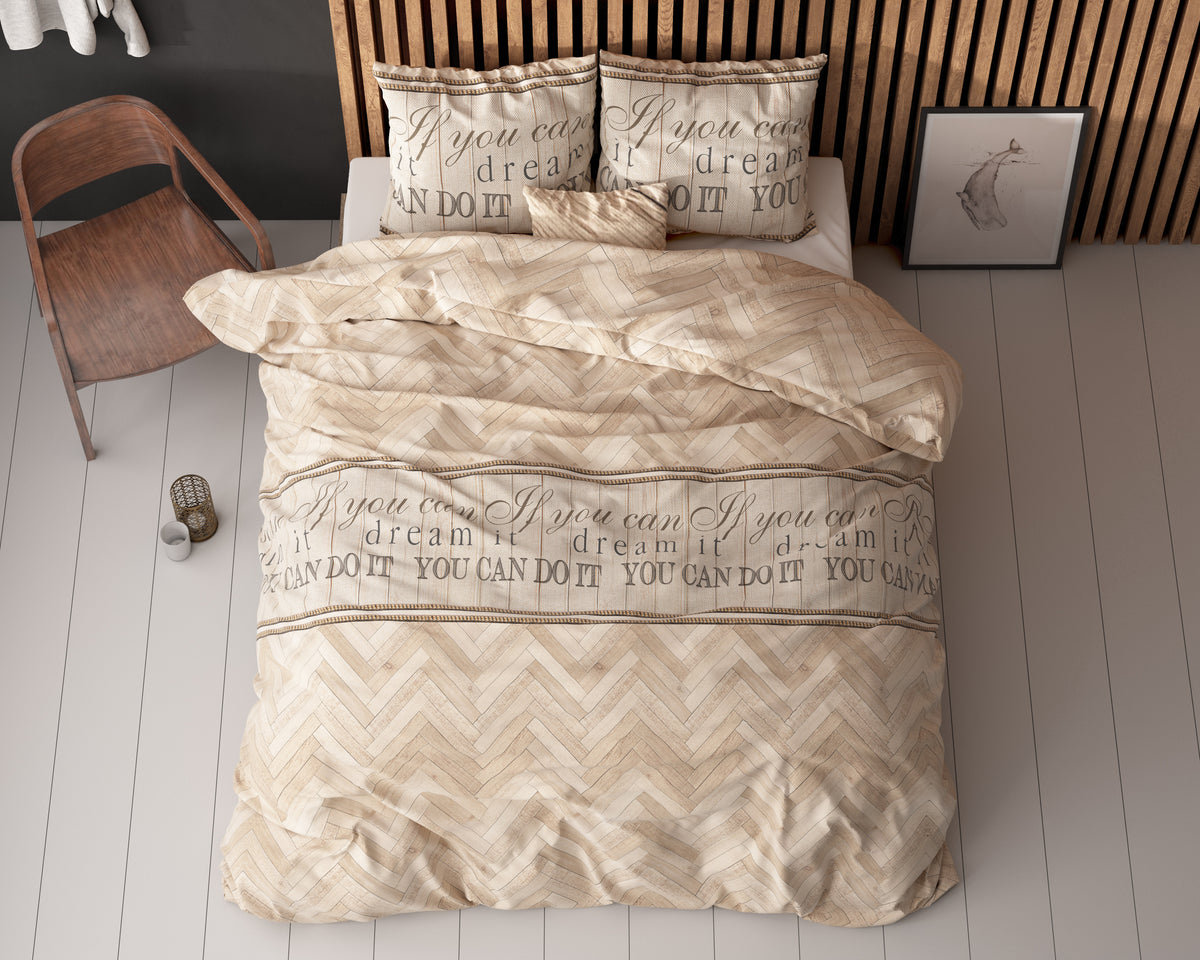 Dekbedovertrek visgraat katoen-polyester zand 200 x 220 cm, met kussenslopen 60 x 70 cm