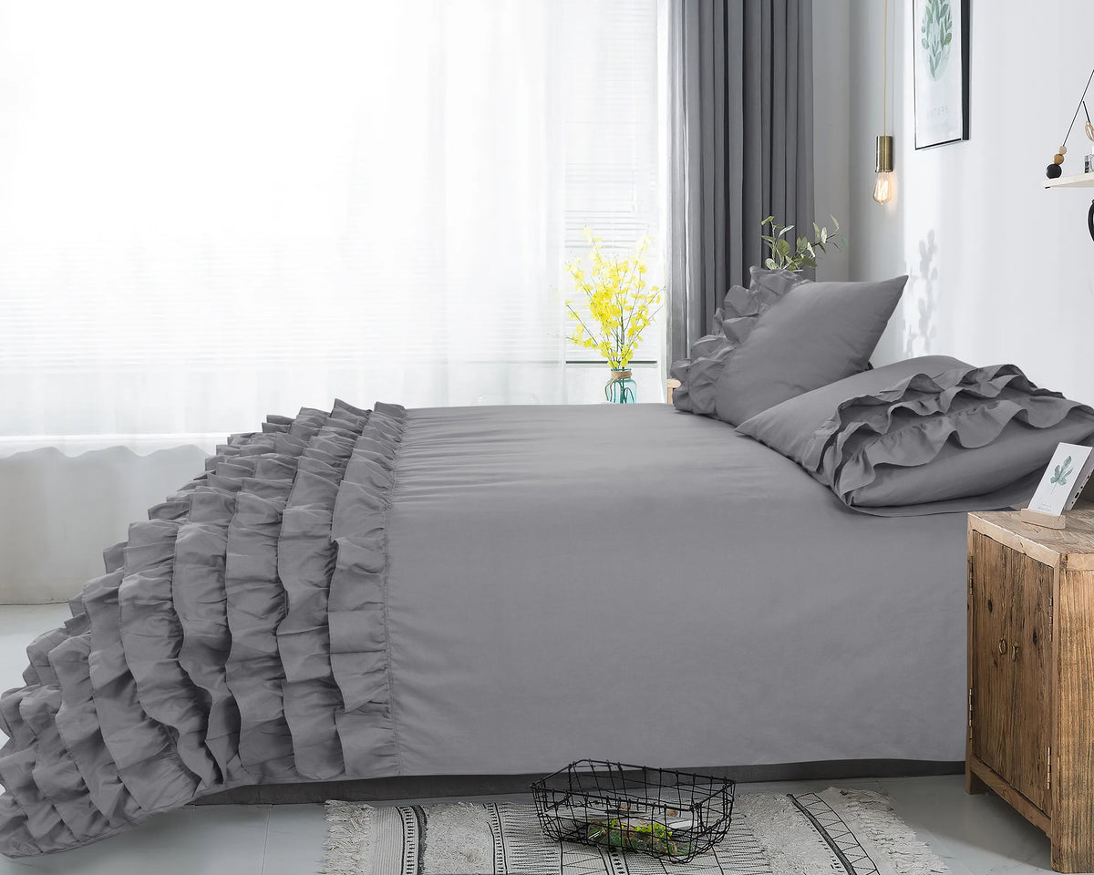 Dekbedovertrek percale katoen Cyprus ruffle grijs 140 x 220 cm, met 1 kussensloop 60 x 70 cm