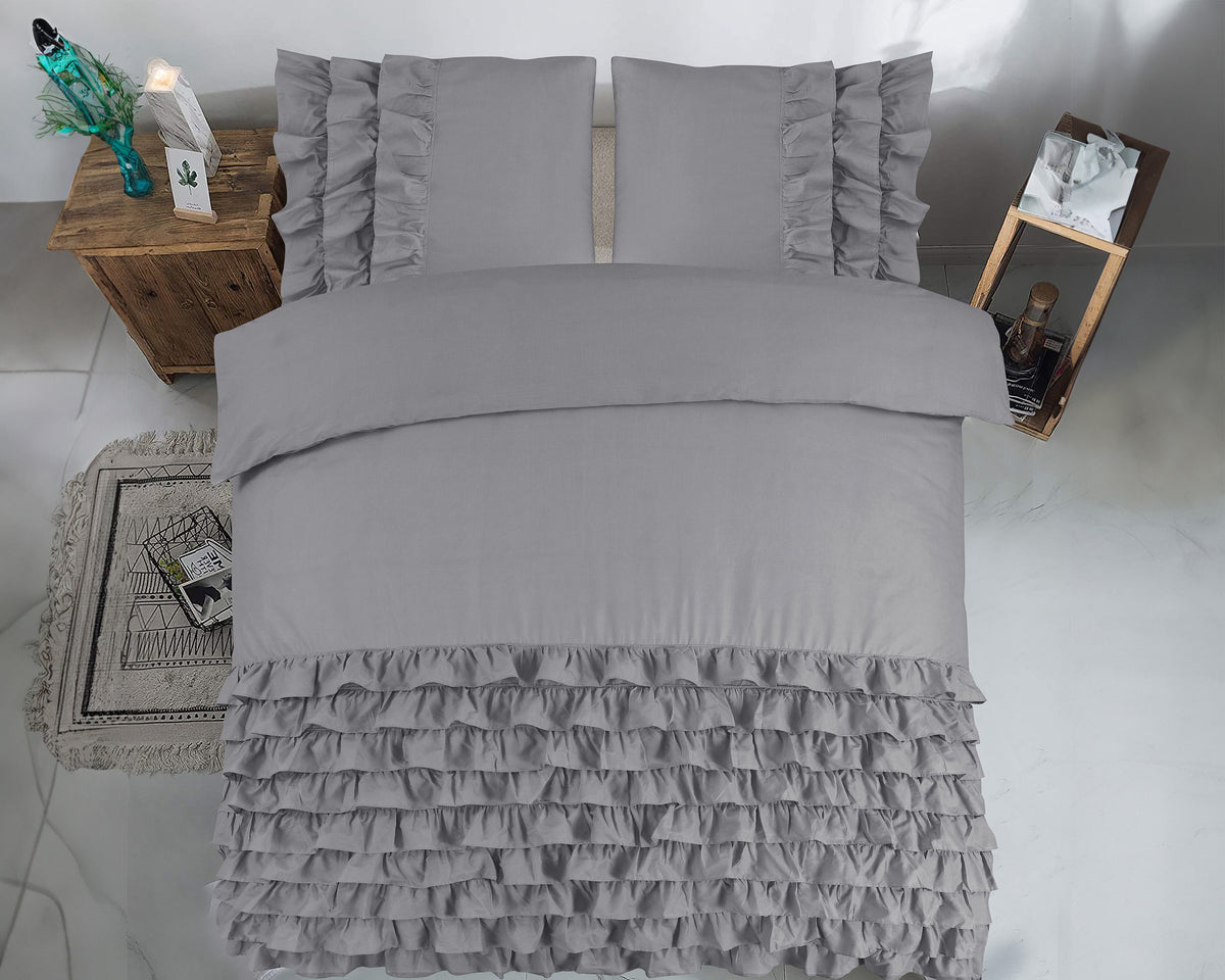 Dekbedovertrek percale katoen Cyprus ruffle grijs 140 x 220 cm, met 1 kussensloop 60 x 70 cm