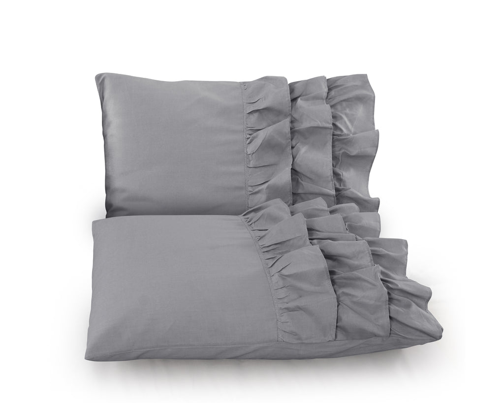 Dekbedovertrek percale katoen Cyprus ruffle grijs 140 x 220 cm, met 1 kussensloop 60 x 70 cm