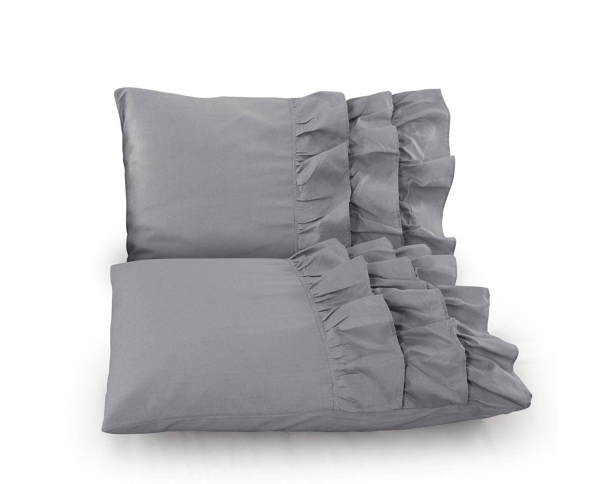 Dekbedovertrek percale katoen Cyprus ruffle grijs 140 x 220 cm, met 1 kussensloop 60 x 70 cm