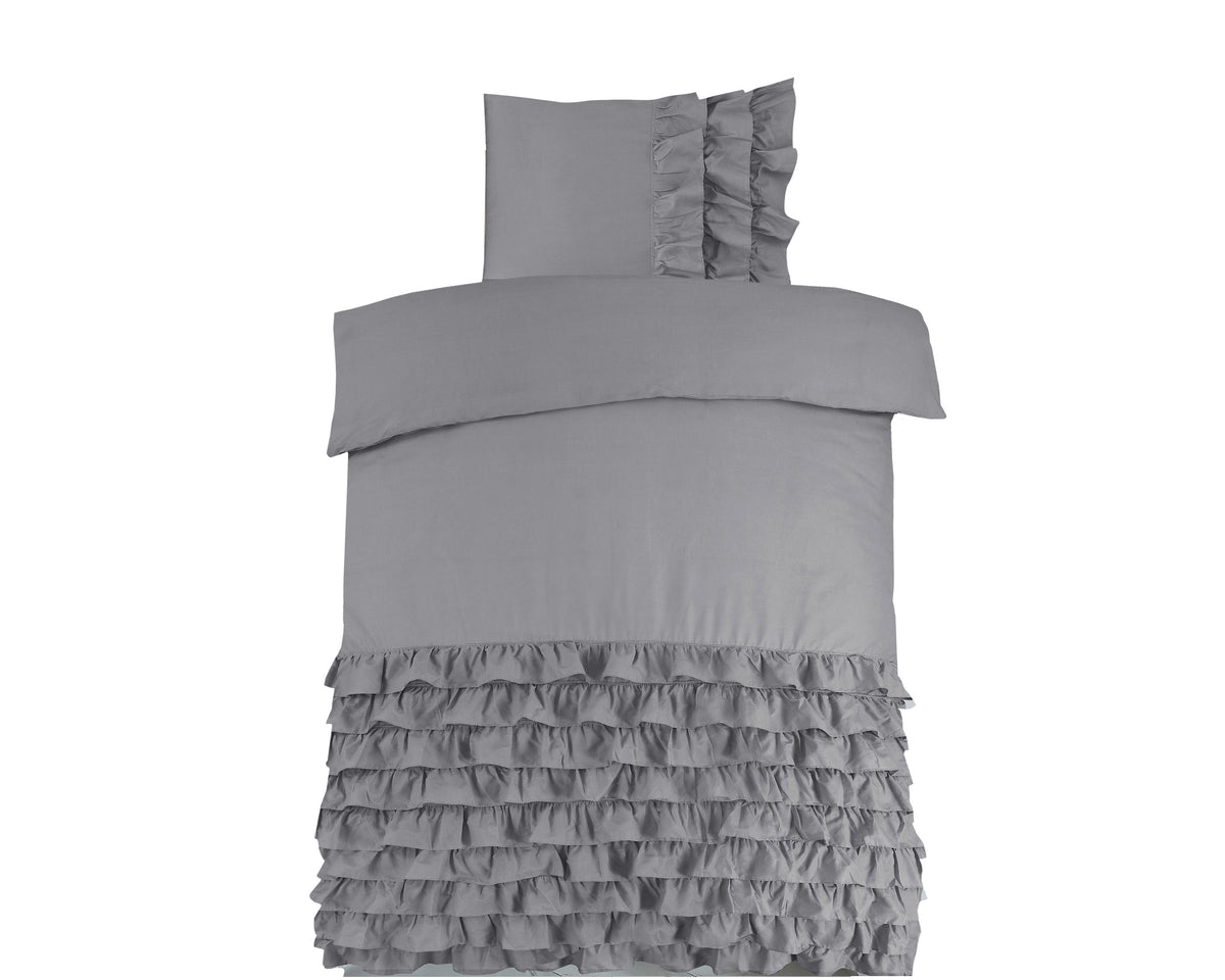 Dekbedovertrek percale katoen Cyprus ruffle grijs 140 x 220 cm, met 1 kussensloop 60 x 70 cm