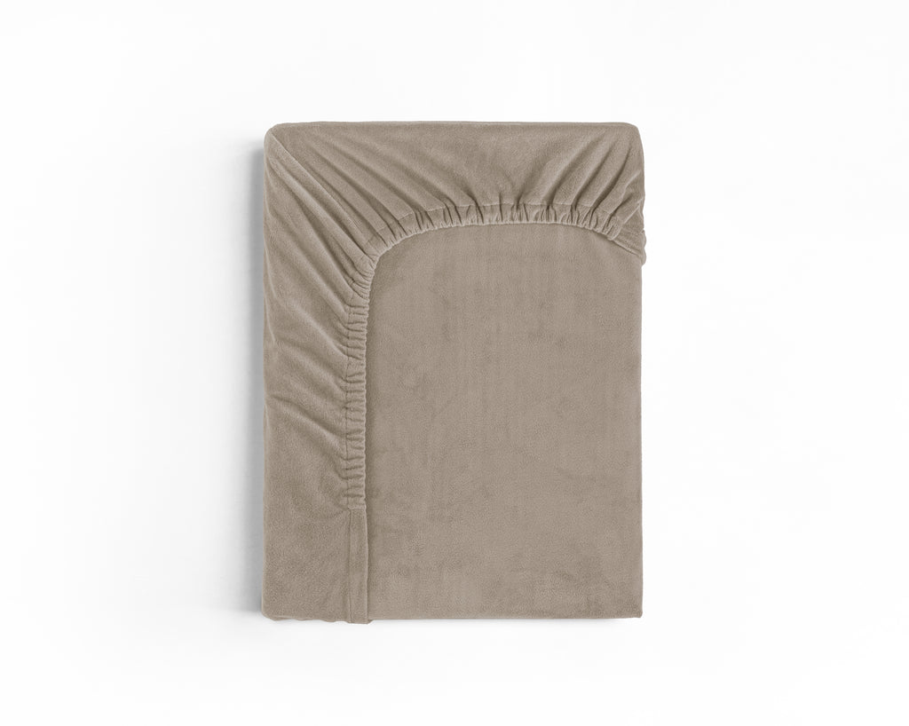 Hoeslaken fluweel polyester taupe/grijs 90 x 200 cm, soft-stretch met hoekhoogte 30 cm