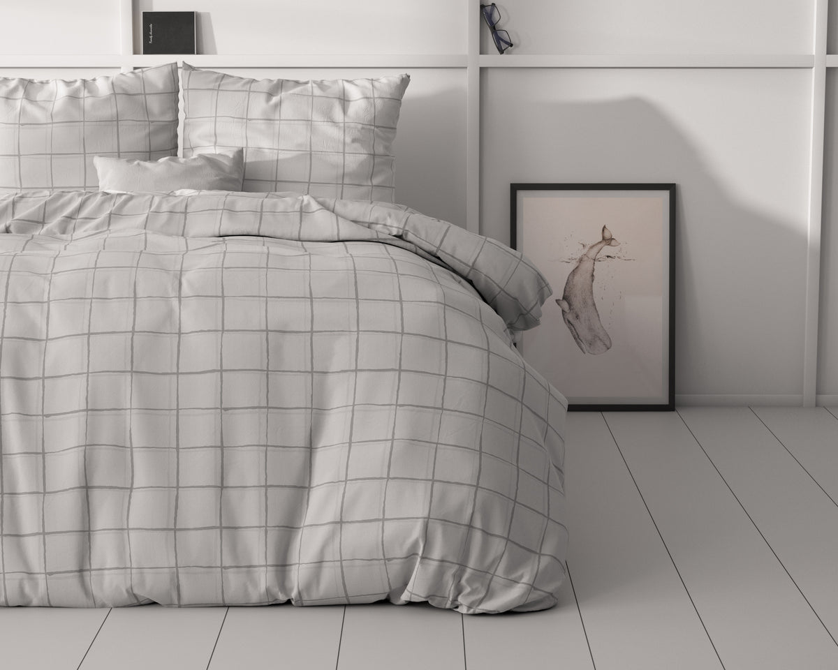 Dekbedovertrek microvezel geruit grijs 240 x 220 cm, met 2 kussenslopen 60 x 70 cm