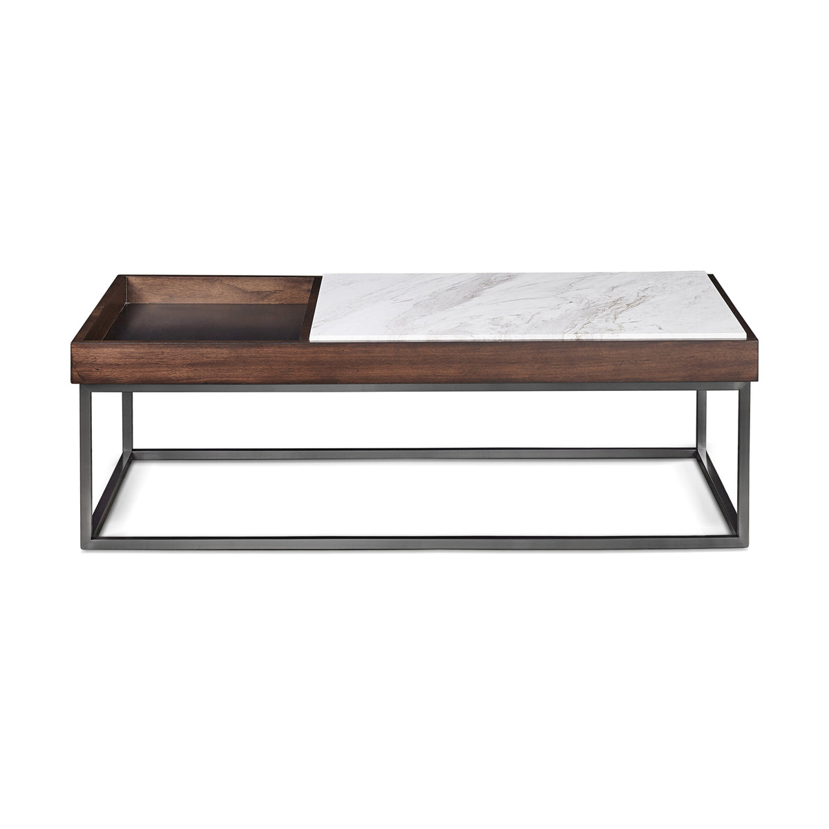 Salontafel marmer en notenfineer met gunmetal stalen frame, Ennis, bruin – H41 x B122 x D61 cm