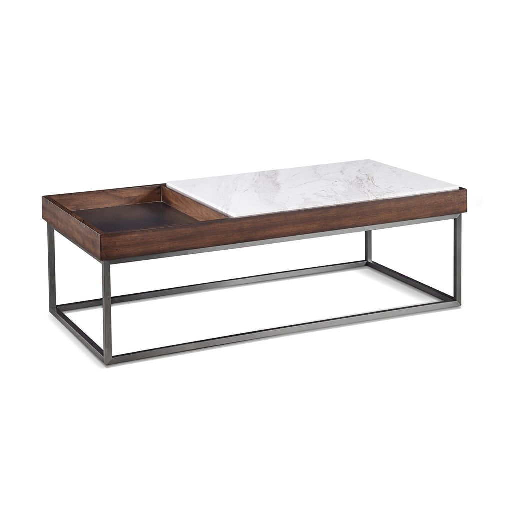 Salontafel marmer en notenfineer met gunmetal stalen frame, Ennis, bruin – H41 x B122 x D61 cm