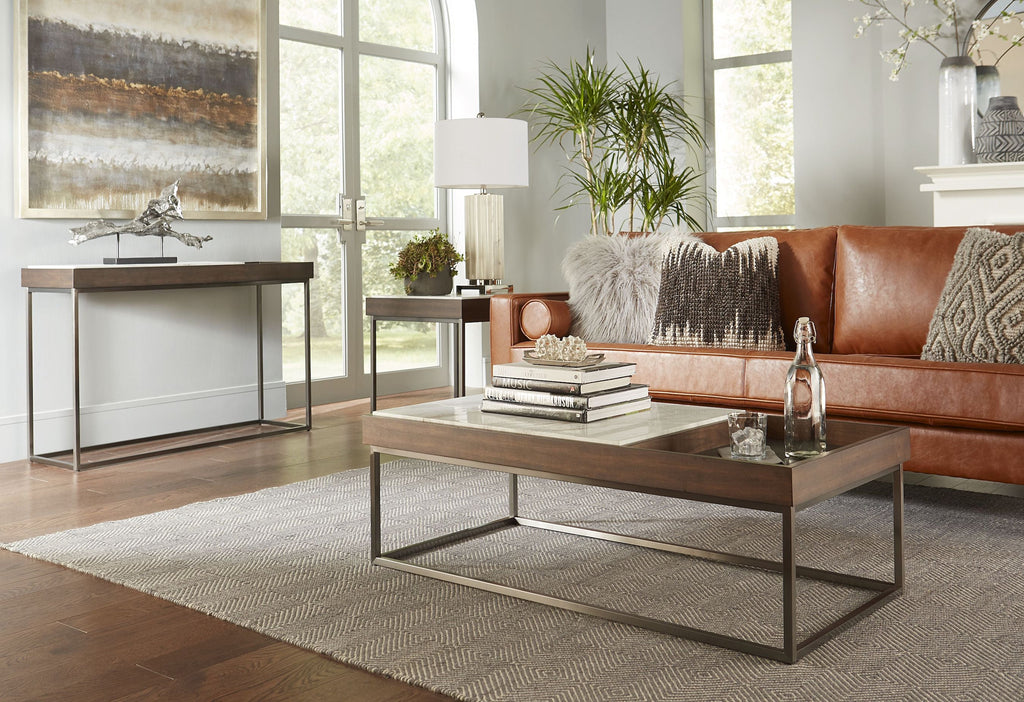 Salontafel marmer en notenfineer met gunmetal stalen frame, Ennis, bruin – H41 x B122 x D61 cm