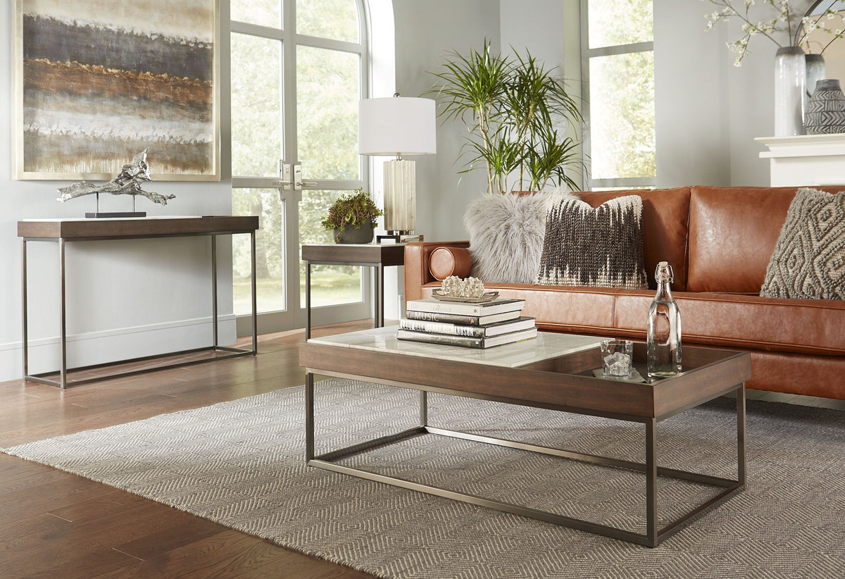 Bijzettafel marmer walnootfineer roestvrij staal Ennis, bruin – H64 x B56 x D56 cm, woonkamer