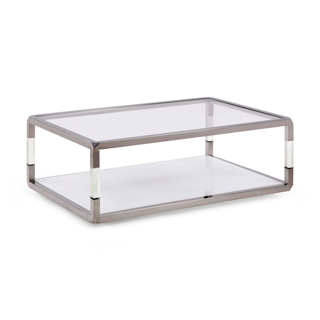 Salontafel Jasper rechthoekig acryl, wit glas en gepolijst roestvrij staal, 122 x 81 cm, woonkamer