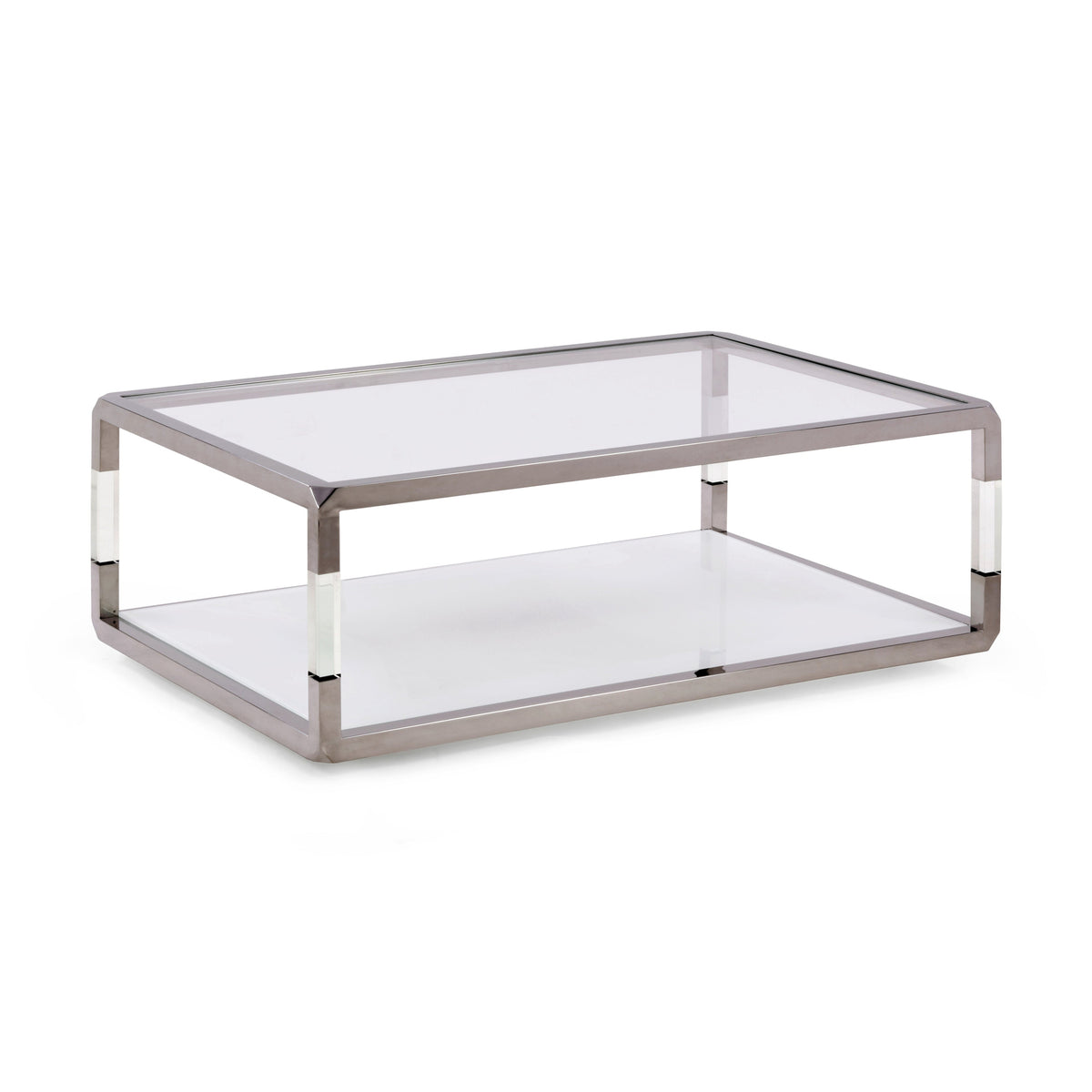 Salontafel Jasper rechthoekig acryl, wit glas en gepolijst roestvrij staal, 122 x 81 cm, woonkamer