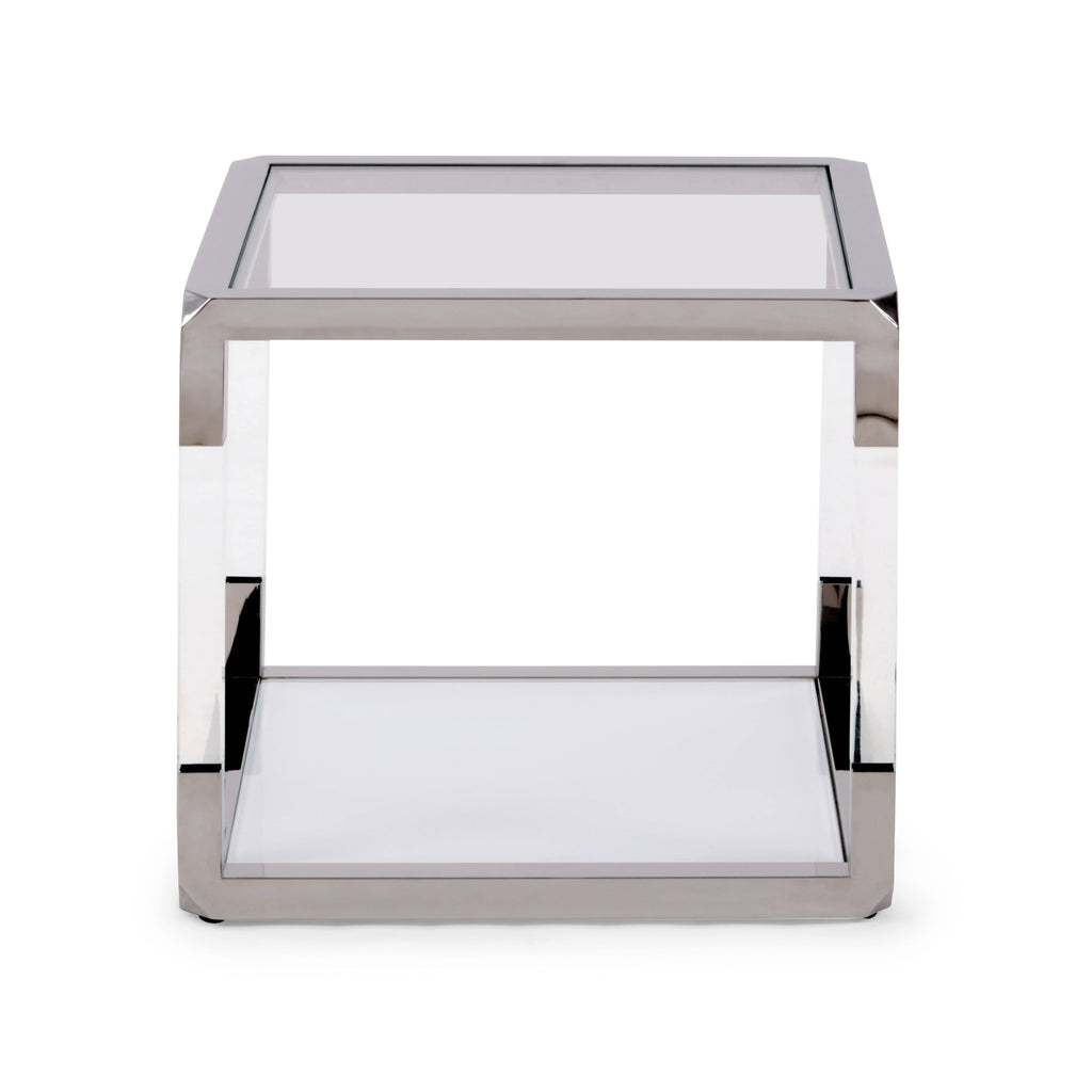 Bijzettafel roestvrij staal en acryl Jasper, helder glazen blad met witte glazen onderplank