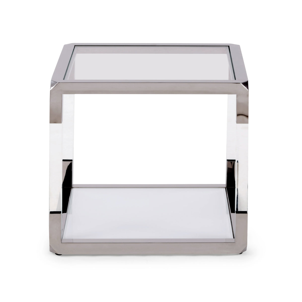 Bijzettafel roestvrij staal en acryl Jasper, helder glazen blad met witte glazen onderplank