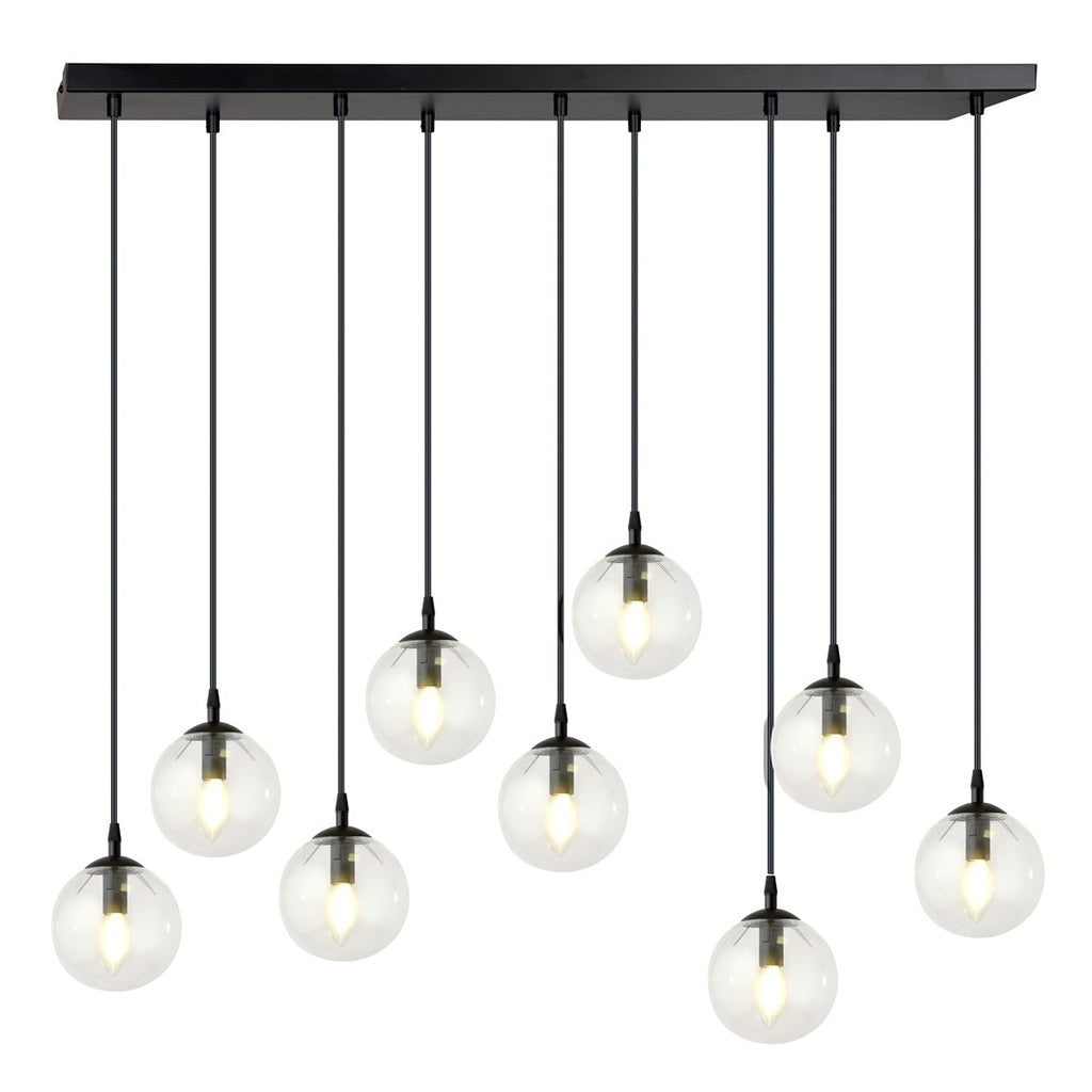 Zwarte hanglamp met negen transparante glazen bollen aan een rechthoekige plafondplaat