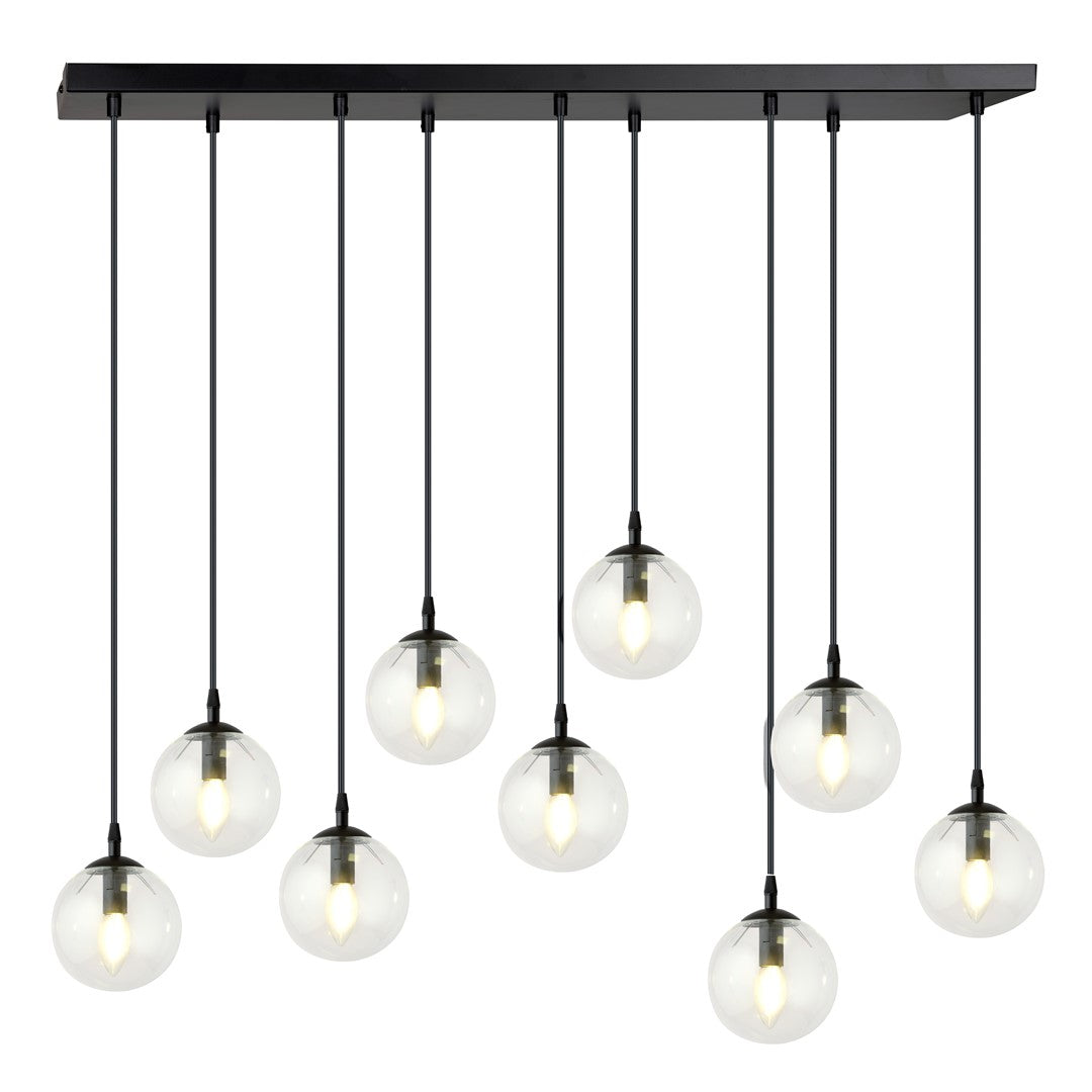 Zwarte hanglamp met negen transparante glazen bollen aan een rechthoekige plafondplaat