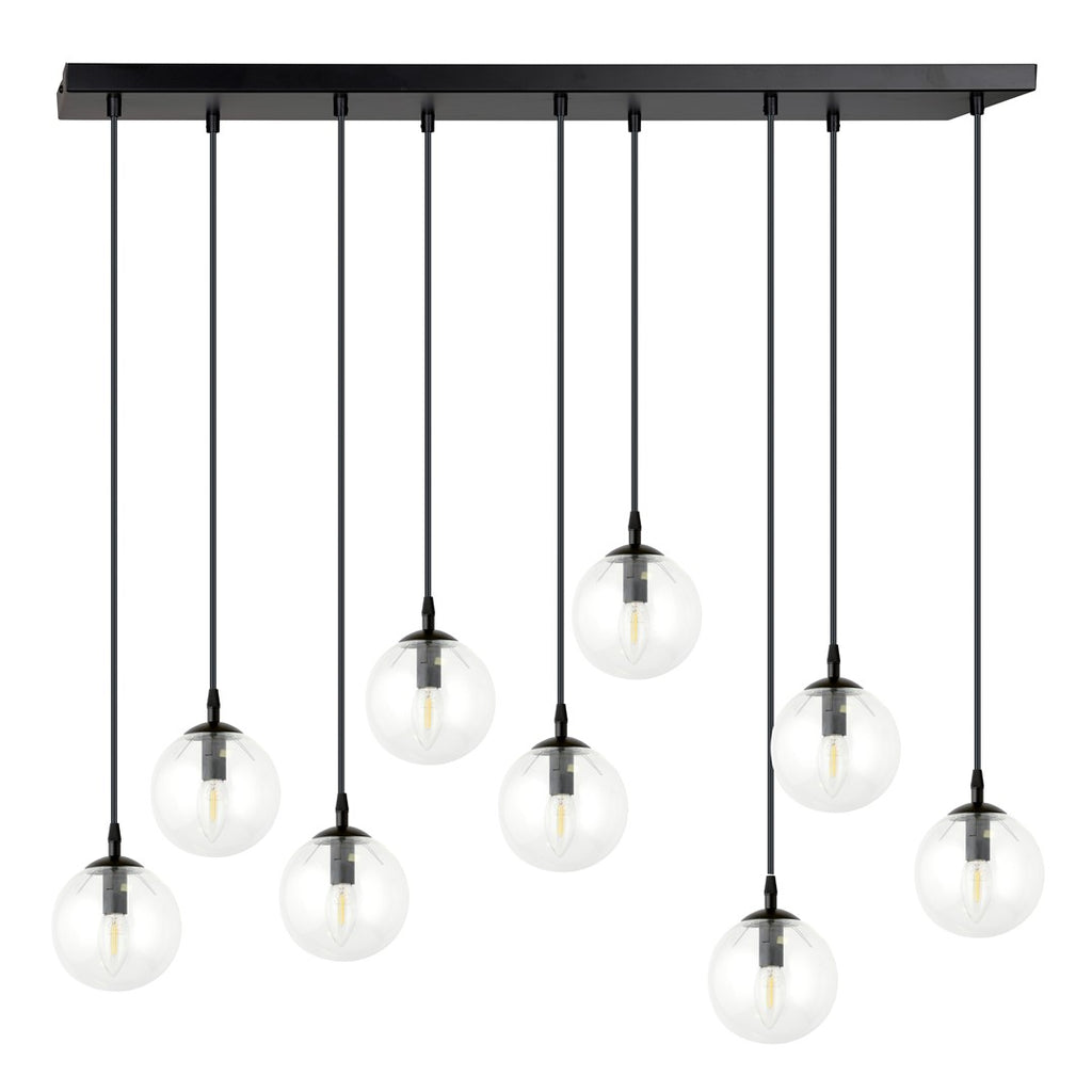 Hanglamp 9 lichts gepoedercoat staal en glas, modern Cosmo, zwart met transparante kappen, 104 x 120 cm