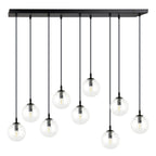 Hanglamp 9 lichts gepoedercoat staal en glas, modern Cosmo, zwart met transparante kappen, 104 x 120 cm