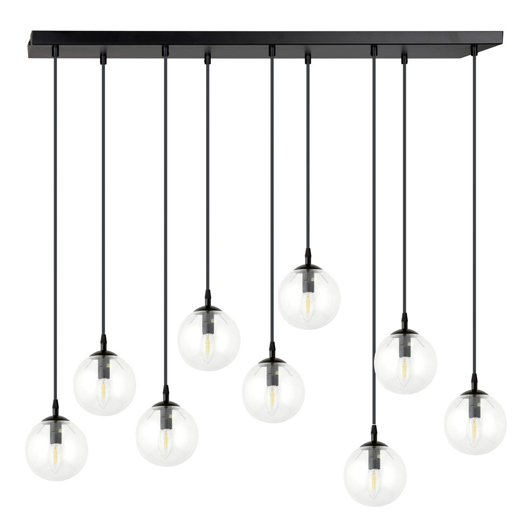 Hanglamp 9 lichts gepoedercoat staal en glas, modern Cosmo, zwart met transparante kappen, 104 x 120 cm