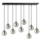 Hanglamp gepoedercoat staal en glas Cosmo, zwart met grafiet glazen kappen, 9 lichts, 104 x 120 cm, eettafel en zithoek