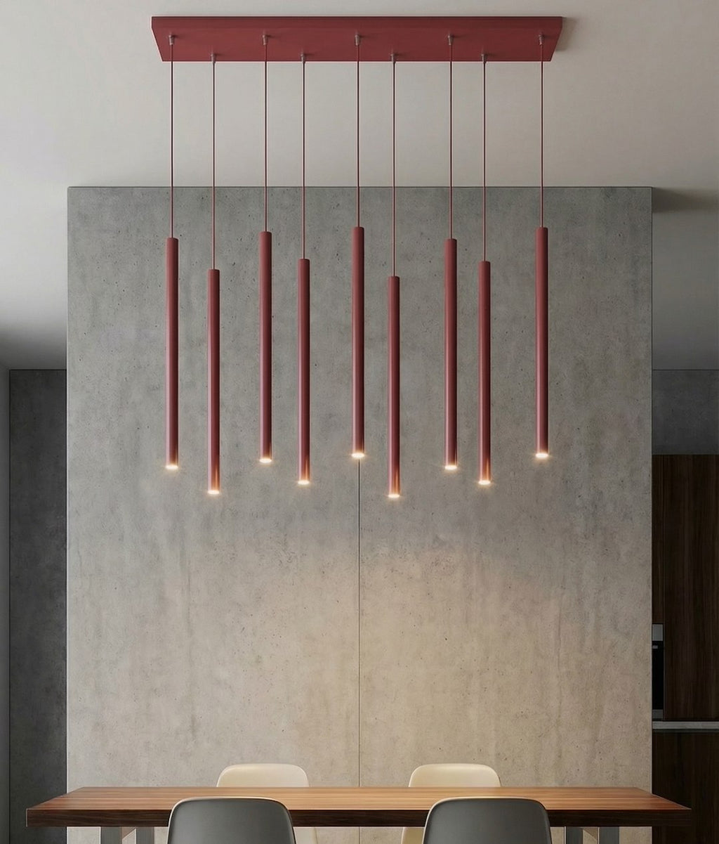 Hanglamp gepoedercoat staal Selter bordeaux 92 cm breed, 9 fittingen G9, boven keukeneiland