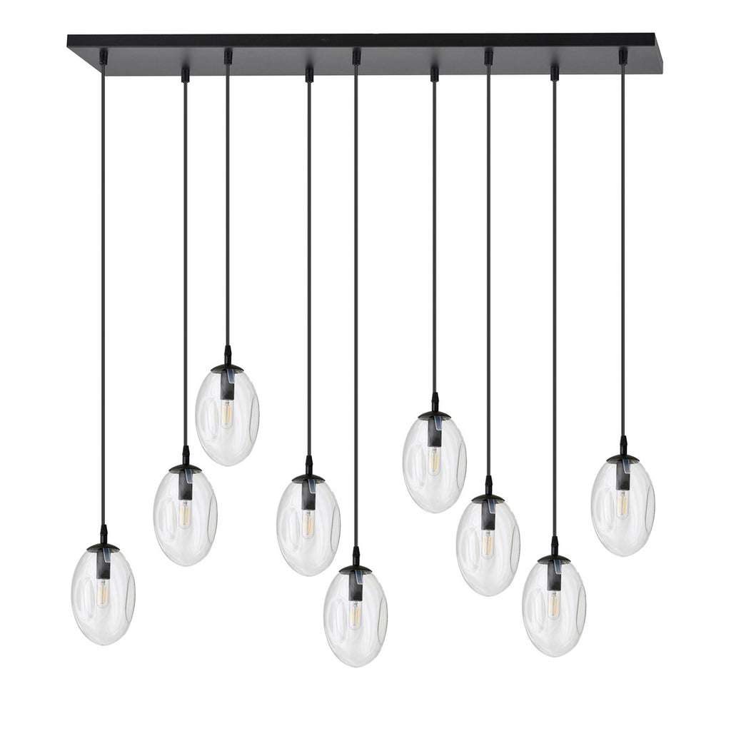 Hanglamp gepoedercoat staal en glas Astral, zwart met transparante kappen, 9 lichts, 100 x 100 cm, eettafel
