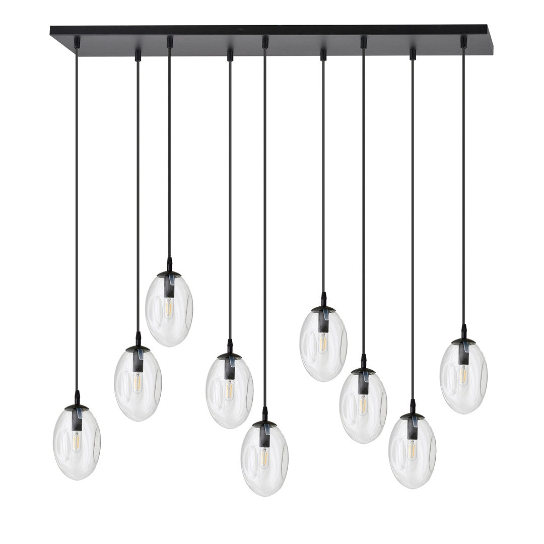 Hanglamp gepoedercoat staal en glas Astral, zwart met transparante kappen, 9 lichts, 100 x 100 cm, eettafel