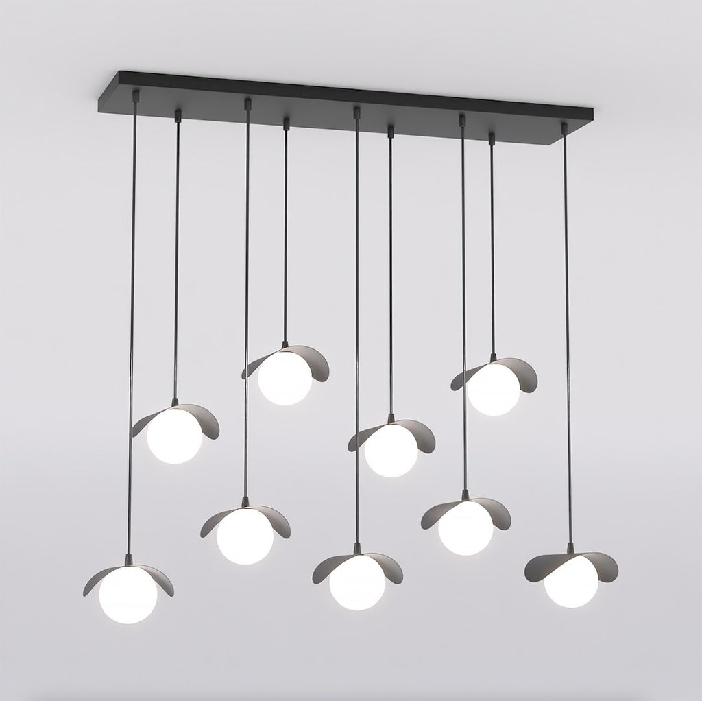Hanglamp gepoedercoat staal Ritual 9 lichts, modern, zwart met witte kappen – 100 x 32 cm, eettafel en kookeiland