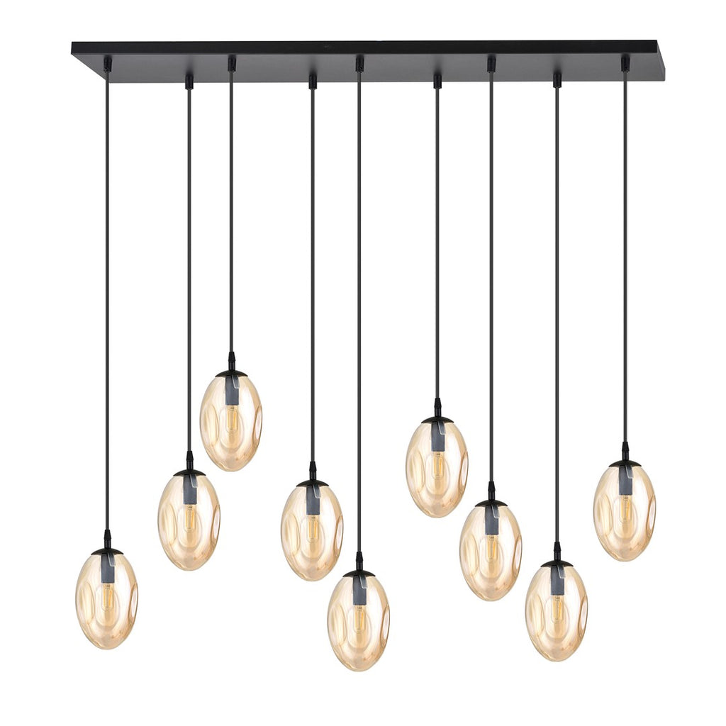 Hanglamp gepoedercoat staal en glas Astral, amber en zwart, 9 lichtpunten E14, hoogte verstelbaar, woonkamer en eetkamer