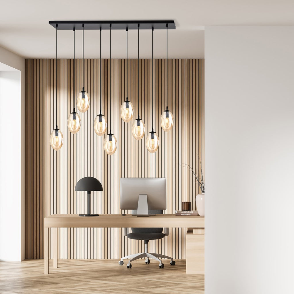Hanglamp gepoedercoat staal en glas Astral, amber en zwart, 9 lichtpunten E14, hoogte verstelbaar, woonkamer en eetkamer