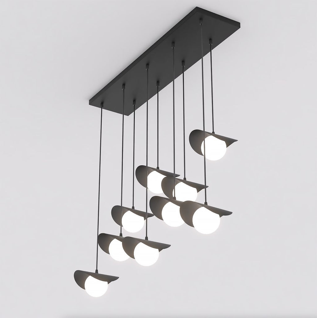 Hanglamp gepoedercoat staal Ritual 9 lichts, modern, zwart met witte kappen – 100 x 32 cm, eettafel en kookeiland