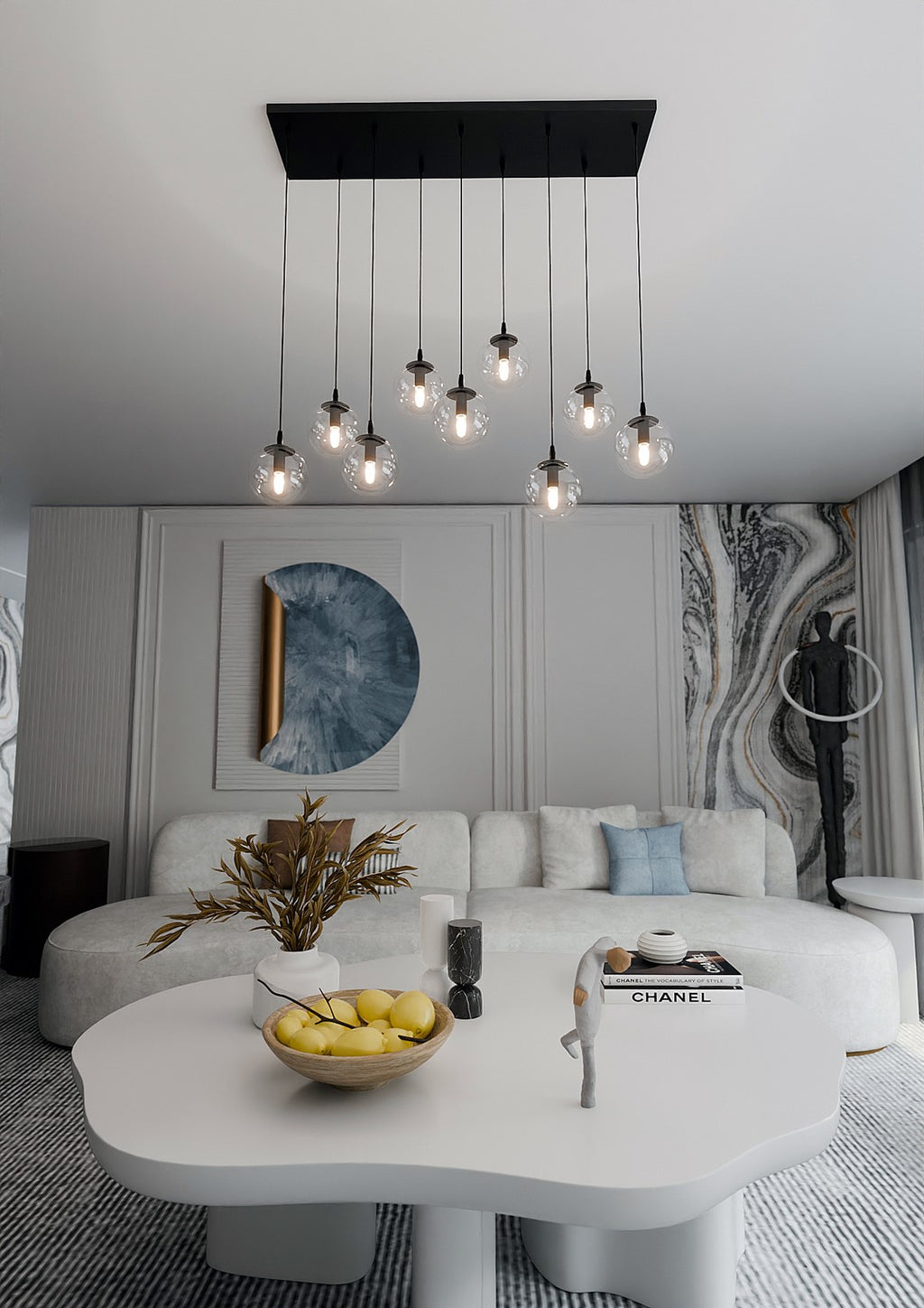 Hanglamp 9 lichts gepoedercoat staal en glas, modern Cosmo, zwart met transparante kappen, 104 x 120 cm