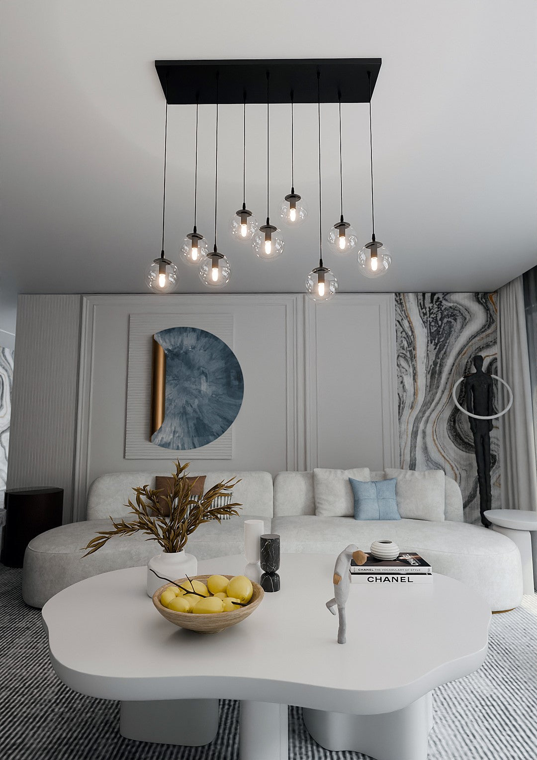 Hanglamp 9 lichts gepoedercoat staal en glas, modern Cosmo, zwart met transparante kappen, 104 x 120 cm
