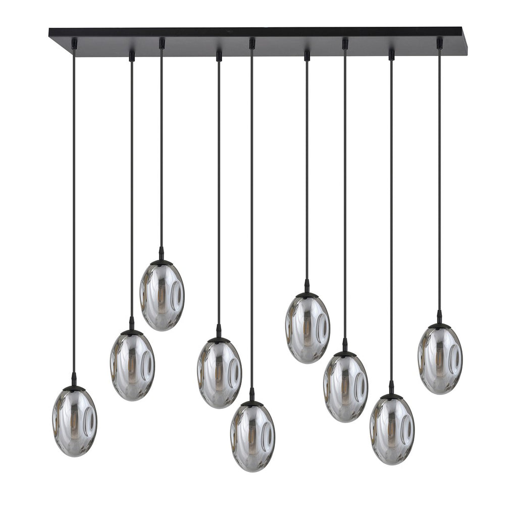 Hanglamp 9 lichts gepoedercoat staal en glas, modern, zwart met grafiet kappen, 92 x 22 cm, eettafel en woonkamer