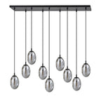 Hanglamp 9 lichts gepoedercoat staal en glas, modern, zwart met grafiet kappen, 92 x 22 cm, eettafel en woonkamer