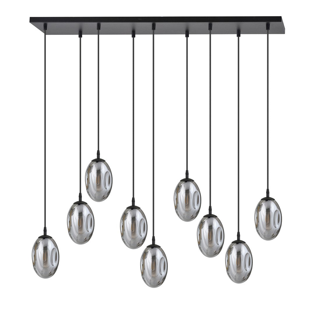 Hanglamp 9 lichts gepoedercoat staal en glas, modern, zwart met grafiet kappen, 92 x 22 cm, eettafel en woonkamer
