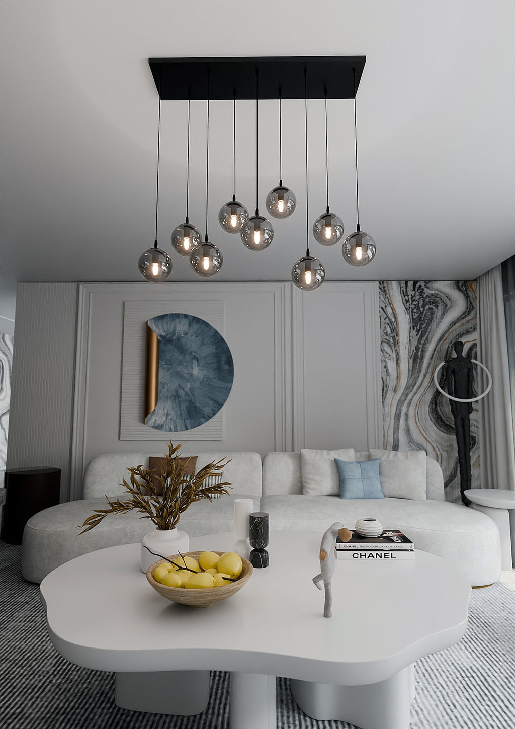 Hanglamp gepoedercoat staal en glas Cosmo, zwart met grafiet glazen kappen, 9 lichts, 104 x 120 cm, eettafel en zithoek