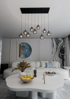 Hanglamp gepoedercoat staal en glas Cosmo, zwart met grafiet glazen kappen, 9 lichts, 104 x 120 cm, eettafel en zithoek