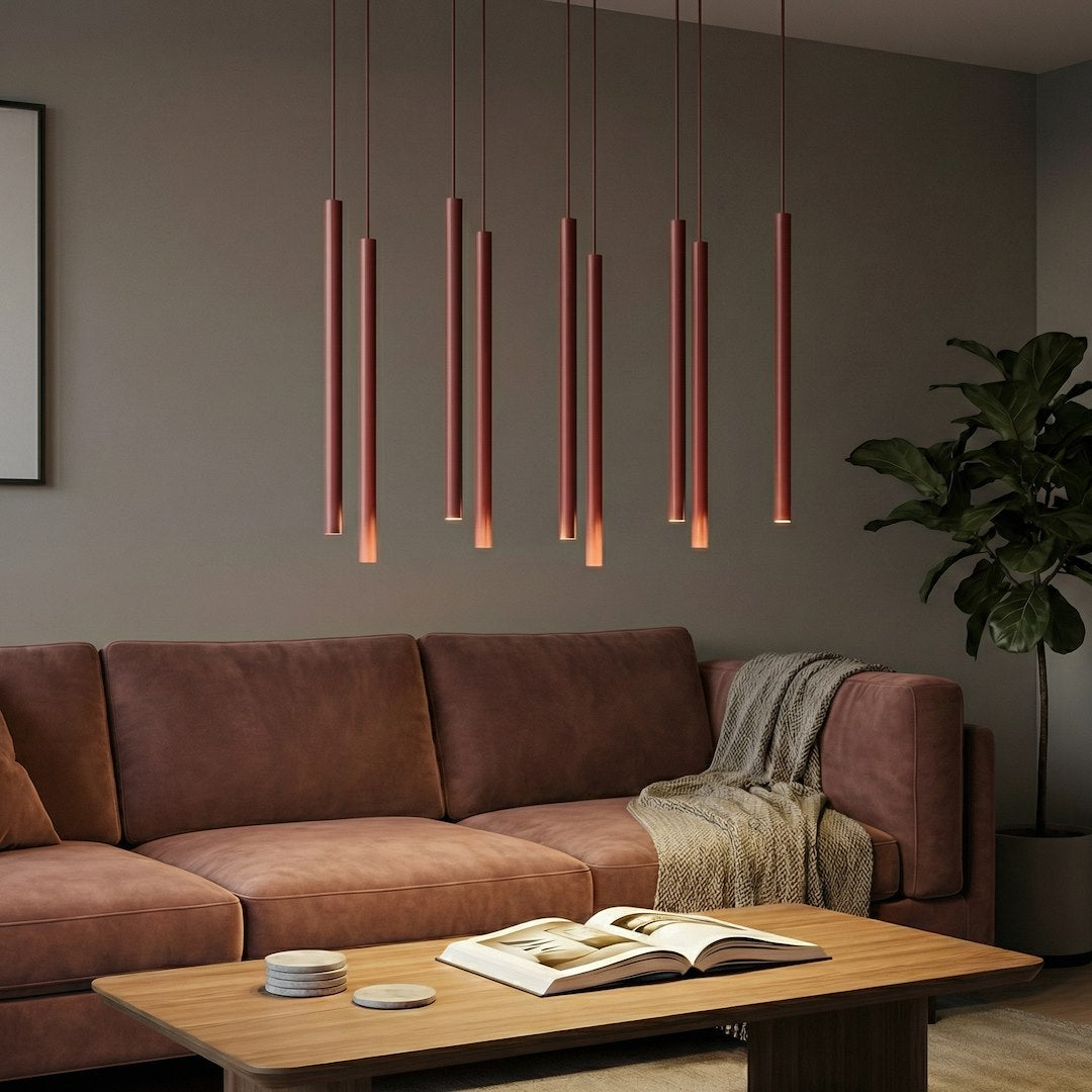 Hanglamp gepoedercoat staal Selter bordeaux 92 cm breed, 9 fittingen G9, boven keukeneiland