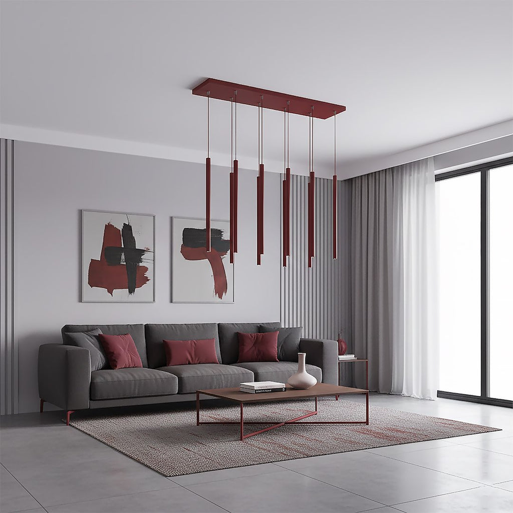 Hanglamp gepoedercoat staal Selter bordeaux 92 cm breed, 9 fittingen G9, boven keukeneiland